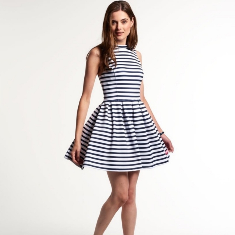 Superdry Premium Scuba Fit & Flare Dress Size Large Blue White Striped High Neck